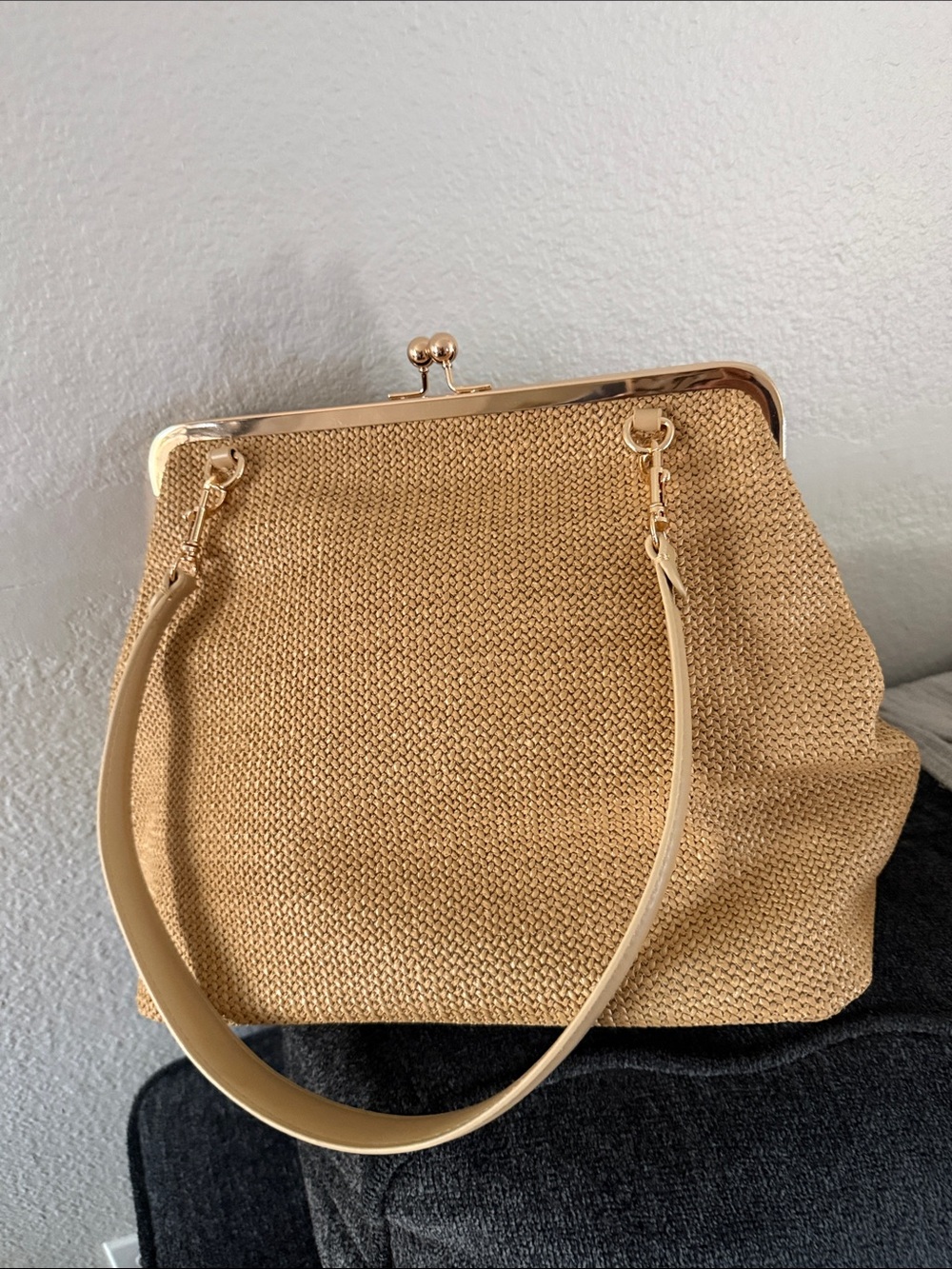 Woven Straw Frame-Top Shoulder Bag in Tan